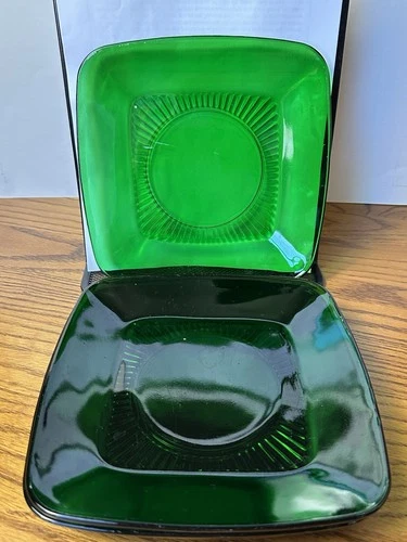 Set Of 3 Forest Green Charm By Anchor Hocking Square Plates Vintage 1950's