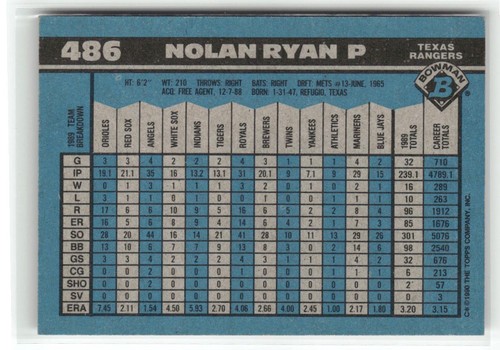 1990 Bowman #486 Nolan Ryan Texas Rangers - Picture 2 of 2