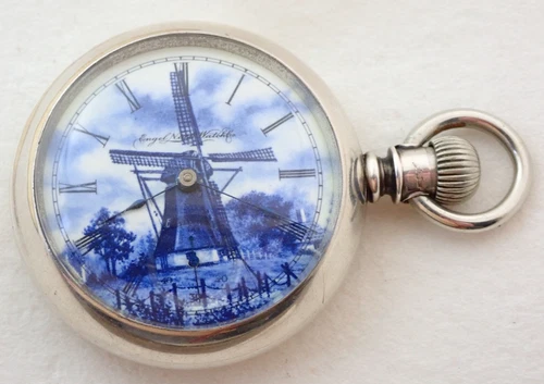 ANTIQUE 18s ILLINOIS GRADE 2 11 JEWEL PAINTED DUTCH WINDMILL DIAL POCKET WATCH