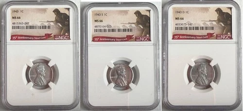 US MINT 1943-P+D+S Steel 3-Coin Set Lincoln Cent NGC MS66 WWII Label Steel penny