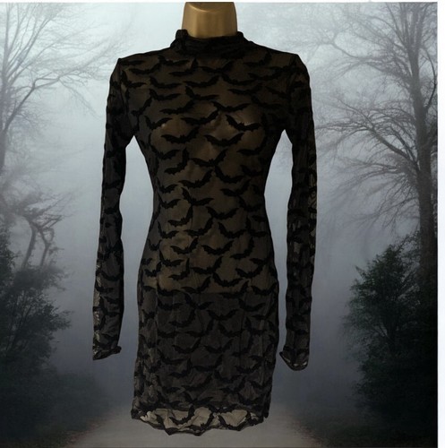 Boohoo Größe 12 schwarz Flock Netz Fledermaus Minikleid Halloween