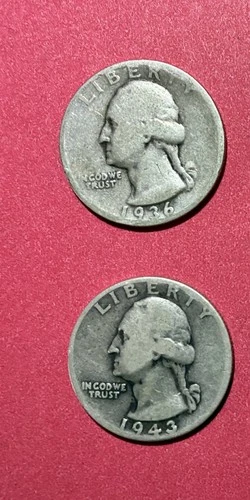 New ListingLot of  2 90% Silver Washington Quarters 1936 and 1943
