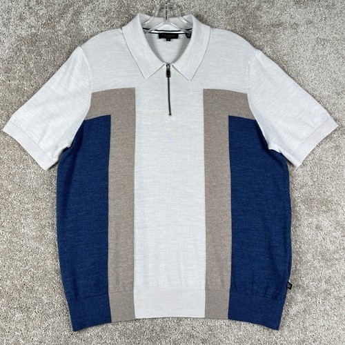 Ted Baker Woll Poloshirt Herren Größe 4 (Large) Blau Weiß Grau Kurzarm