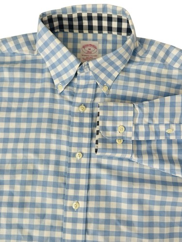 Brooks Brothers Dress Shirt Mens Size M Blue White Checks 346 No Iron Regular - Picture 2 of 13