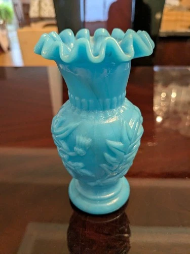 Antique French Opaline Blue Milk Glass Vase Ca 1900 (RARE)