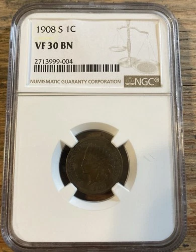 1908 S Indian Head Penny NGC VF 30 RARE Key Date