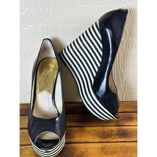 Michael Kors Zeppe Donna 9M Nero e Bianco a Righe Punta aperta Plateau Tacchi