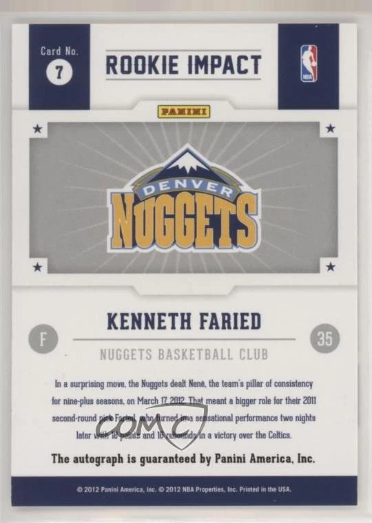 2012-13 NBA Hoops Rookie Impact Signatures Kenneth Faried #7 Auto RC - Image 2 of 2