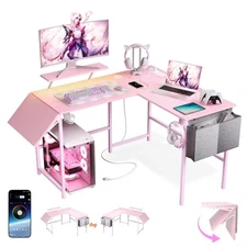 L Shaped Gaming Desk with Desk Extender, Smart Corner Computer Desk with LED ...