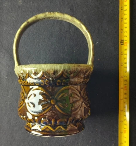 Vintage Hull Basket Art Pottery Planter Floral Design - Green/Brown