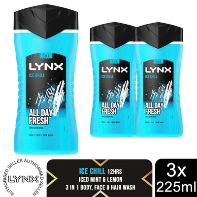 Lynx Ice Chill 12-H Refreshing Fragrance Shower Gel Body Wash for Men, 3x225ml