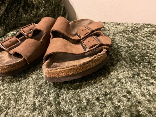Birkenstock Arizona Double Buckle Brown Leather Slides Sandals Shoes 38 8 8.5 - Picture 9 of 10
