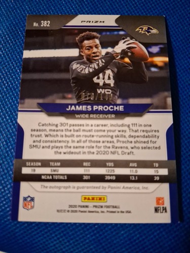 Tarjeta de novato James Proche Panini Prizm 2020 roja autografiada automática RC #382/149 - Imagen 2 de 2