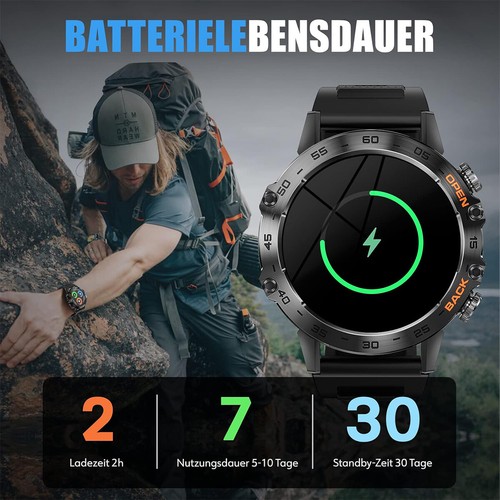 Smartwatch,Herren Militär mit Telefonfunktion Sprachassiste Blutdruckmessung-Spo - Zdjęcie 7 z 17