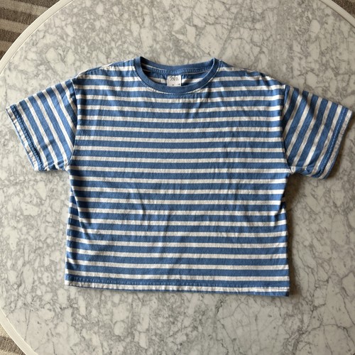 Zara kids girls boxy T-shirt blue white striped cropped size 10 140cm top - Picture 3 of 6