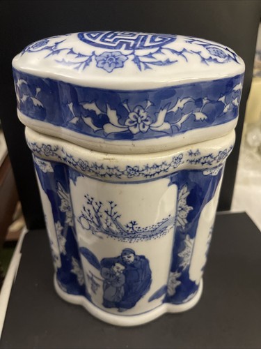 Antique 8" Tea Lidded Blue White Canister 1915/20 Hand Painted Porcelain Marked - Picture 1 of 10