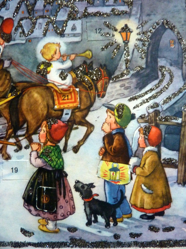 niedlicher alter Adventskalender, Engel kommen mit der Postkutsche - Bild 4 von 7