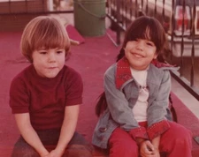 Boy Girl Sitting Porch Smiling Childhood Friends Red Carpet 1977
