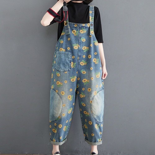 Mode Damen Sonnenblumen Denim Overall Overall Latzhose lose Jeans Hose - Bild 8 von 12