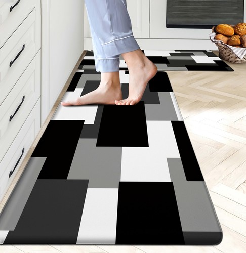 Black Grey Kitchen Rugs Set of 2 Cushioned Anti Fatigue Kitchen Mats for Floo... - Picture 2 of 7