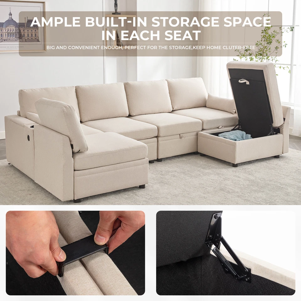 6 Modular Sectional U Shape Couch w/Storage USB Port Cup Holder Reversible Chais - Image 2 of 4