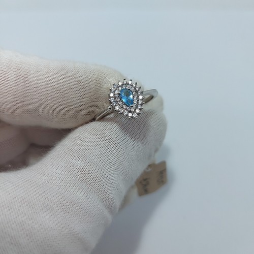Anello argento 925 rodio bianco donna elegante pietra azzurra acquamarina goccia - Foto 8 di 24