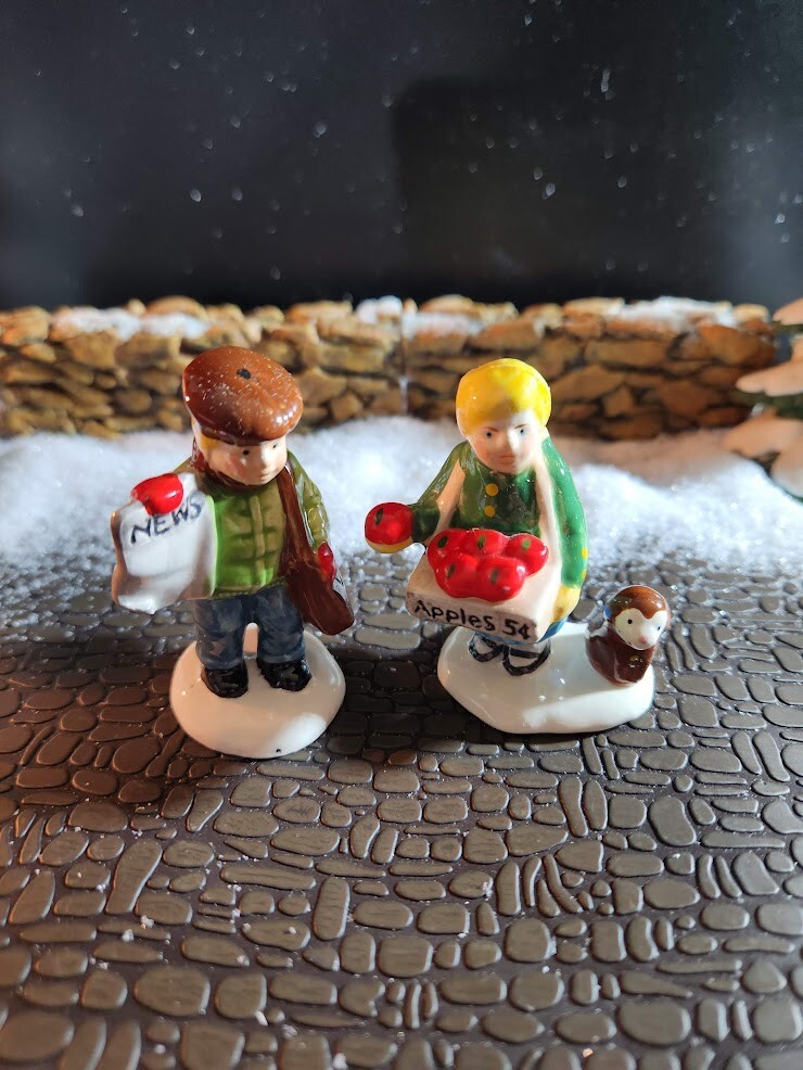 Dept 56 Snow Village- Girl Selling Apples and News Boy