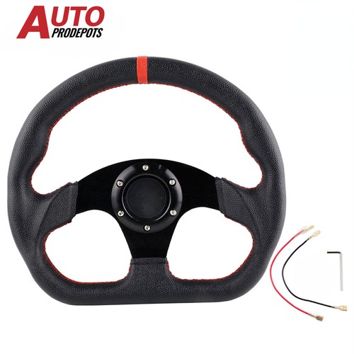 Universal Leather Flat Drift Racing Steering Wheel 6 Holes D Shape Horn Button - Picture 1 of 9