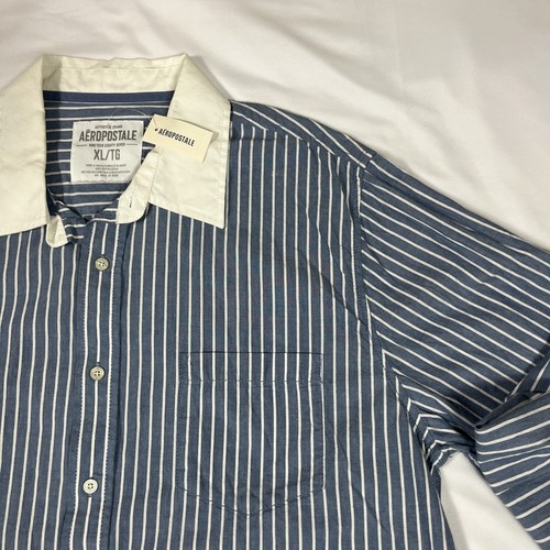 Aeropostale Button Up Cotton Shirt Mens XLarge Blue Striped Casual Preppy Y2K - Picture 6 of 11