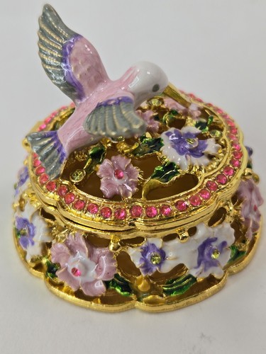 Humming Bird Floral Rhinestone Porcelain Jewelry Trinket Box Magnet . - Picture 7 of 24