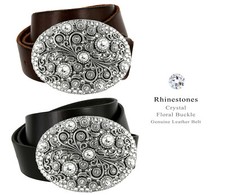 Timeless Tranquility Crystal Floral Buckle Genuine Leather Belt, 1-1/2" Wide