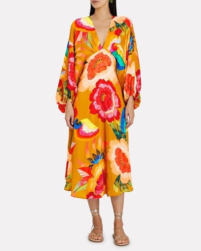 Farm Rio Cashew Floral V-Neck Empire Waist Long Sleeve Midi Dress Size S NWOT