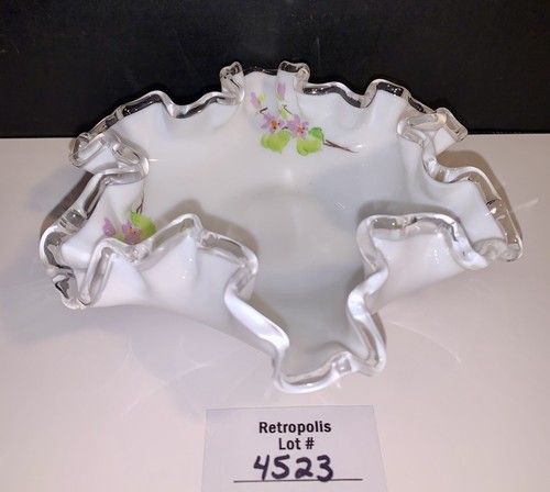 Fenton Silver Crest Pink Violet Floral Ruffled Art Glass Dish Signed Vintage - Picture 4 of 15