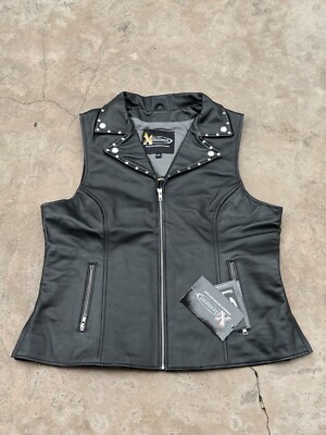 Xelement XS1028 Women's 'Dita' Black Motorcycle Leather Vest Riveted Lapel 4XL