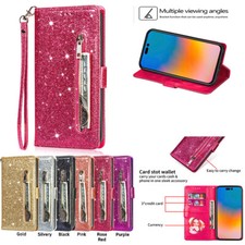 For iPhone 17 16 15 14 13 12 11 7 Magnetic Glitter Leather Flip Card Wallet Case
