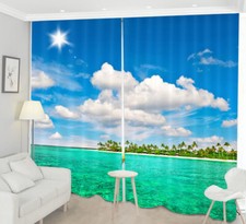 3D Sunny Blue Sky Sea Beach Palm Trees Window Curtains Blockout Drapes Fabric