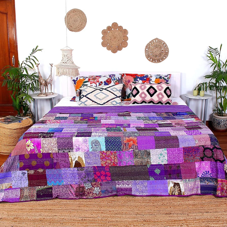 Colcha bohemia colcha kantha patchwork seda hecha a mano india manta tiro Foto 3 de 4