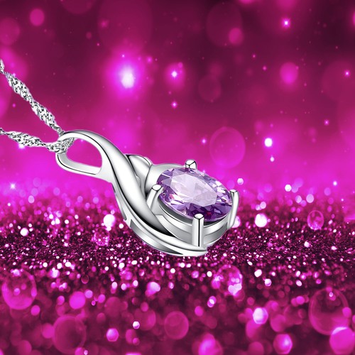 Real 925 Sterling Silver Pendant Necklace Simulated Amethyst FEB Birthstone Oval - Picture 3 of 7