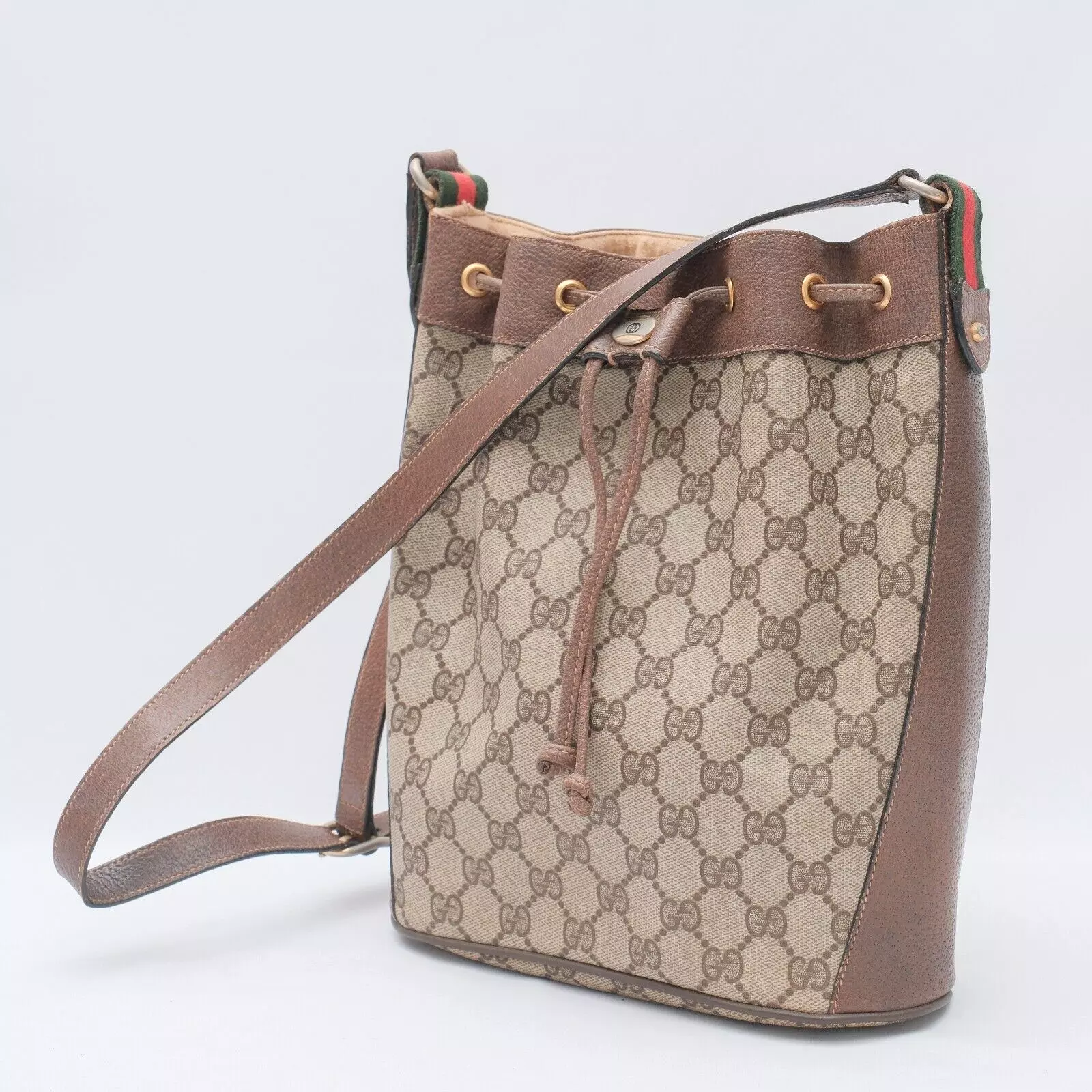 Sac à main bandoulière vintage Gucci seau à cordon GG ligne Sherry authentique