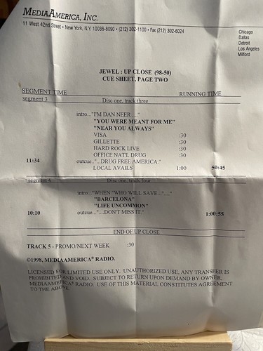 Up Close: Jewel 98-50 US CD with Cue Sheets. Interview and music. Like New 1998 - Picture 3 of 3