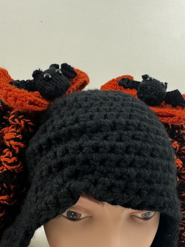 Handmade Crochet Halloween Wig Kawaii Hat Bats Bows Curls Adults Black Orange - Imagen 6 de 9