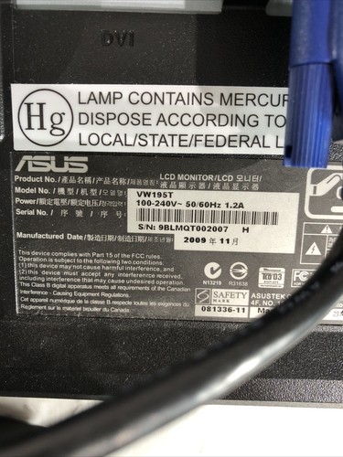 Asus VW195T-P 19" Wide LED LCD Monitor 1440x900 16:10 5ms@60Hz 2000:1 VGA DVI - Picture 5 of 7
