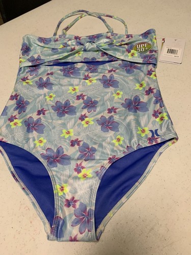 Hurley Blue Floral 1 or 2 Piece Bathing Suit Keyhole Girls Size Med-L-or XL-NWT - Picture 2 of 20