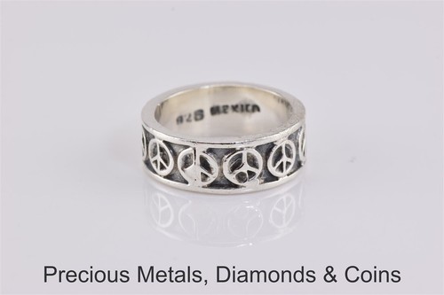 Sterling Silber 7 mm oxidiertes Friedenssymbol Bandring Mexiko 925 Gr: 6