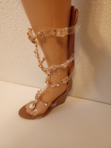 Shoedazzle Damen hellbraun silber Strass Reißverschluss Gladiator 4 1/2" Keilabsatz Größe 9 - Bild 3 von 22