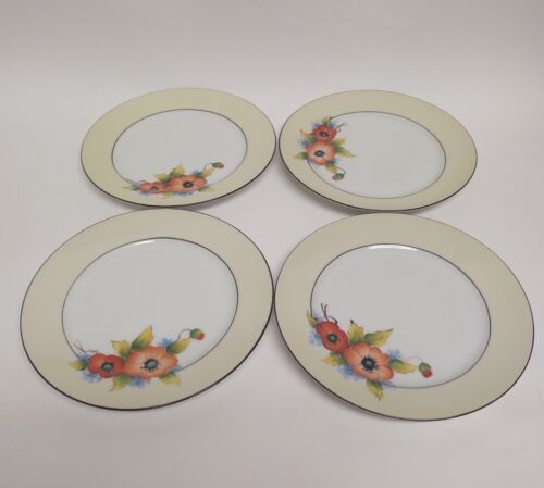 Set of 4 Noritake Hand Painted Salad Plates 7 1/8" Orange Poppies Yellow Band - Picture 2 of 4