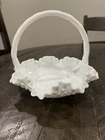 Vintage Fenton Hobnail Large White 7.5” Milk Glass Handled Ruffled Edge Basket