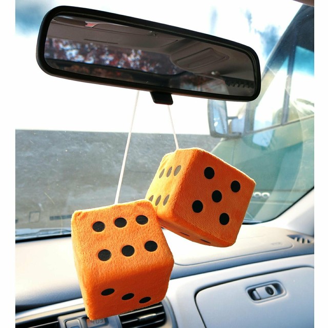 3" Orange Hanging Fuzzy Rearview Mirror Dice w/ Black Dots Hot Rod