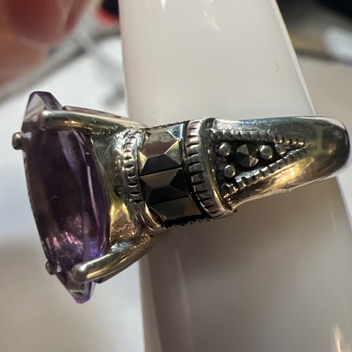 Vintage Sterling Sliver 925 Amethyst Ring Hematite Marcasite Band Size 4.75 - Picture 6 of 12