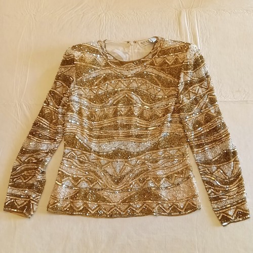 Vintage Black Tie Top Gold Beaded Sequin Dance Party Festival Shirt Silk M He-ro - Picture 23 of 24